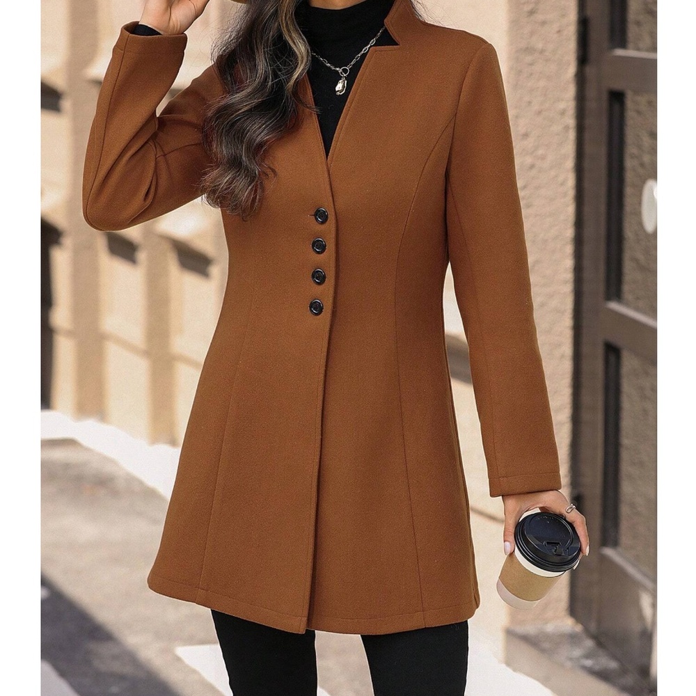 Solid Button Closure Loose Fit Jacket Coat - Picture 8 of 9